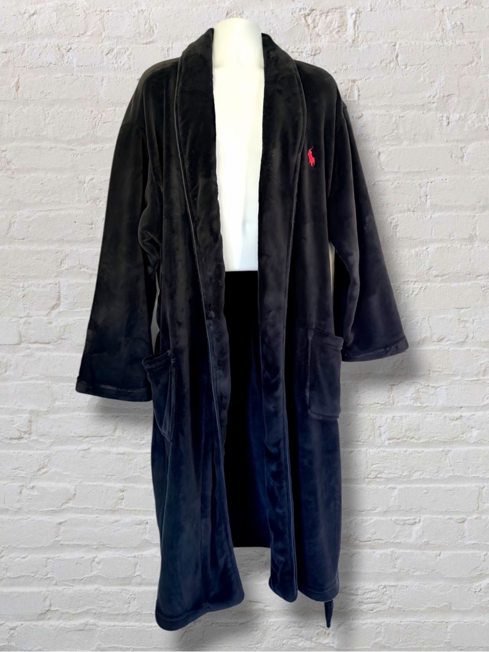 Polo Ralph Lauren Men’s Plush Fleece Bath Robe L/XL Black Red Pony Logo - Picture 6 of 9